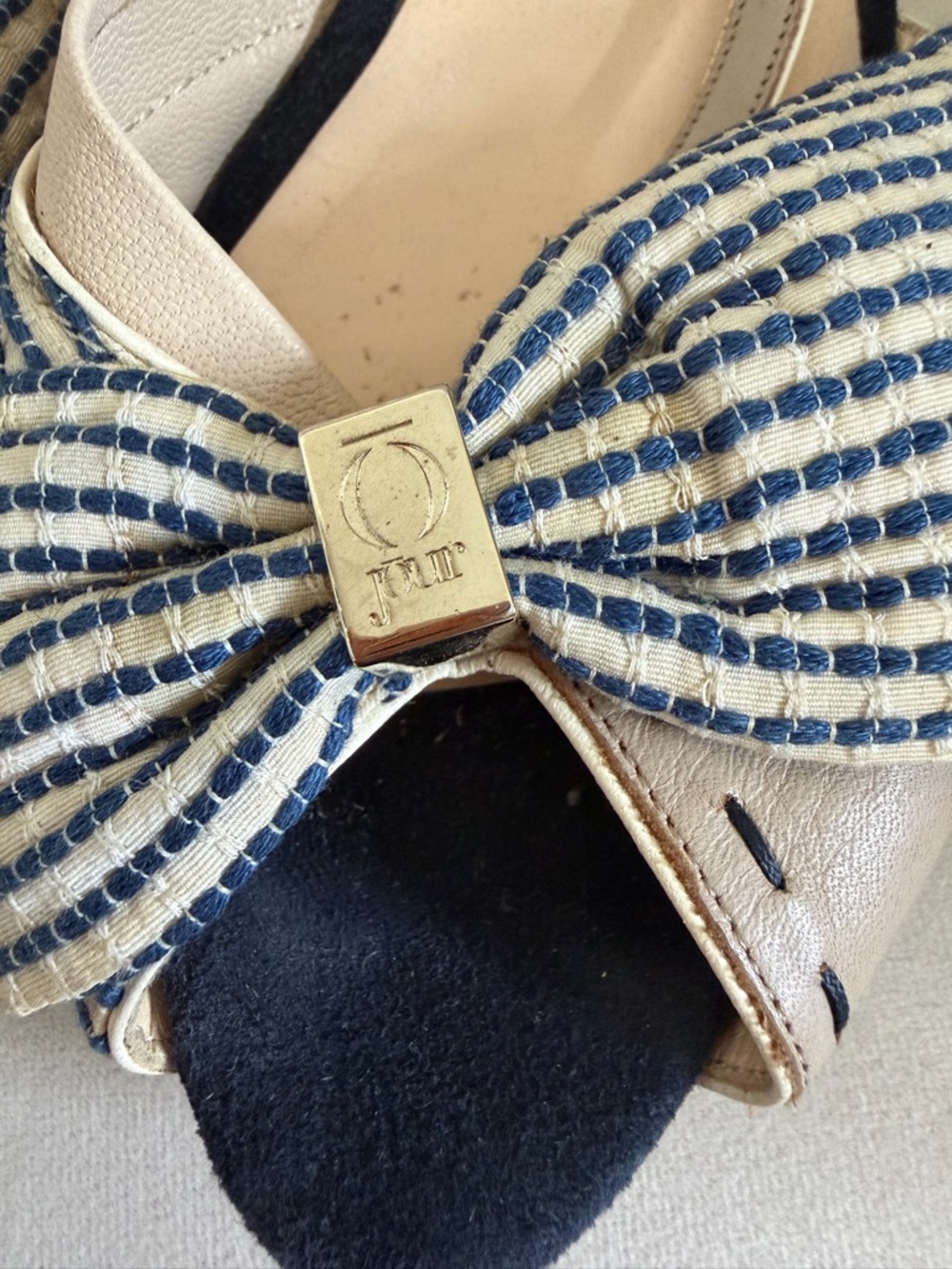 O Jour Vtg Bow-Accent Beige Slingback Heels Navy Stripes Open Toe Shoes Y2K 8 - Picture 4 of 13